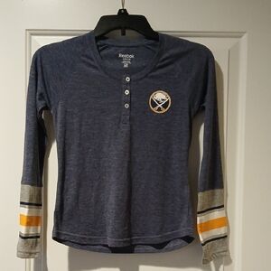 Reebok Buffalo Sabres Blue Long-Sleeve Henley with Gold and Gray Stripe Cuffs